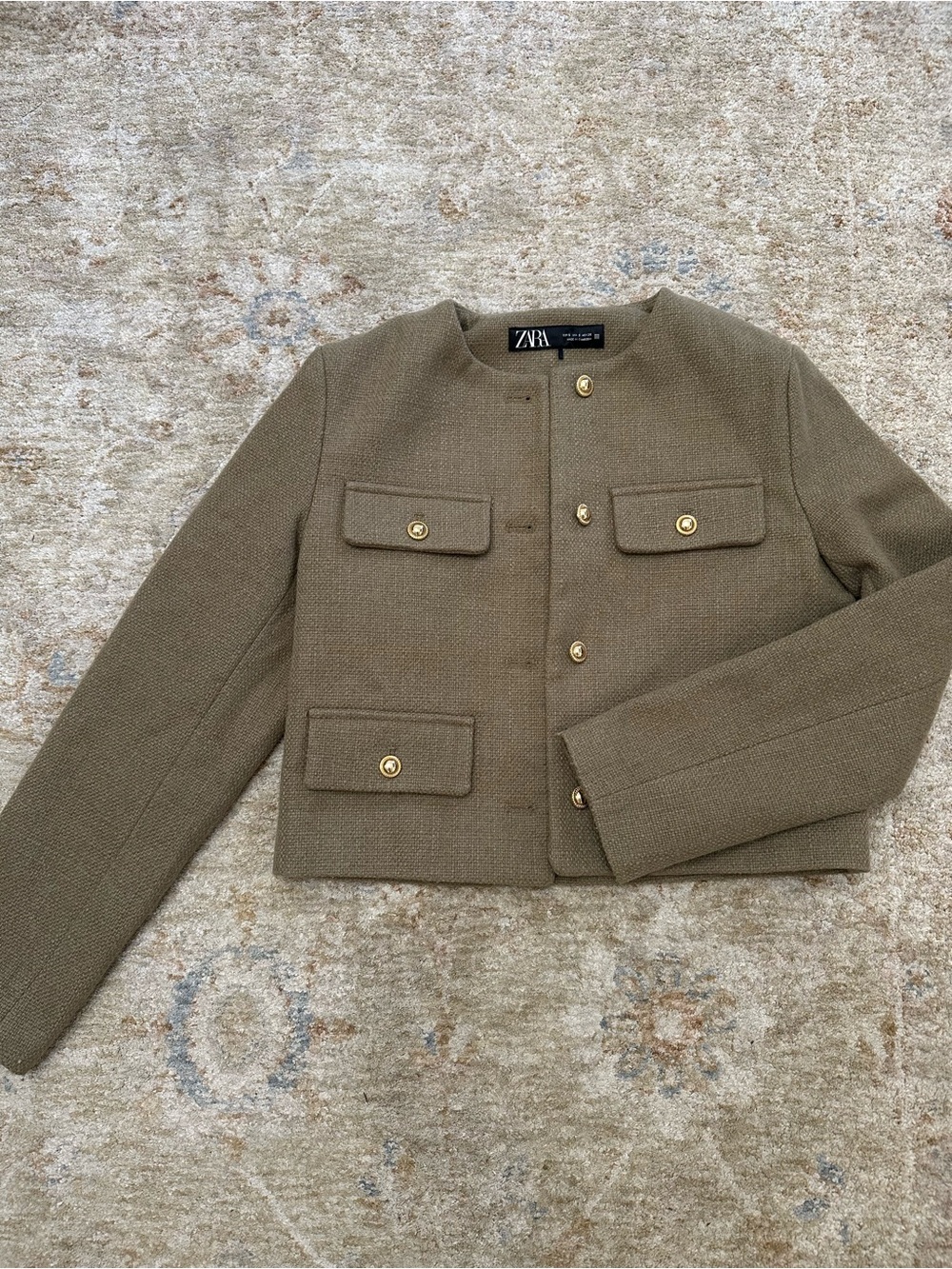 Zara Olive Cropped Tweed Jacket with Gold Buttons